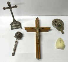 Collection of Religous items including 2 crosses one a candle holder