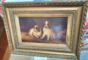 Unsigned c1900 oil on artists board of two matching puppies in original gilt frame with Birkenhead