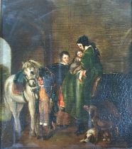 Unsigned Victorian oil on wood panel painting of a lady on horseback in a stable possibly after