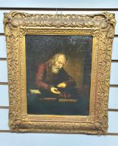 Unsigned oil on board, probably 18thC, old master painting "The money lender" in stunning original