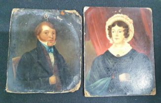 Two small, unsigned, English provincial school oil on thick card portraits, circa 1850 (2), both