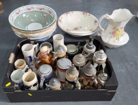 Huge collection of stein glasses and five large antique water bowls including Crown Devon (Qty)