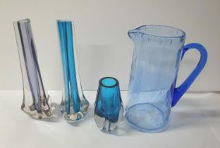 Four items of blue Whitefriars to include blue knobbly (no 9727) heavy squat vase, tall blue "