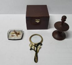 Various items including a wooden box, "Welsh dragon" cufflinks and magnifying glass (4)