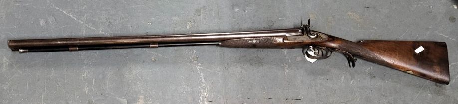 Superb 19thC percussion cap double barreled shot-gun with engraved plate W A PAPE on both sides