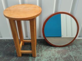 A Round Teak mirror and an Oak stool (2)