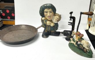 Large pan along with metal door stops and metal vice (4)