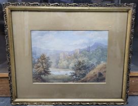 Fine quality unsigned 19thC British watercolour depicting a ruined castle by a lake in its
