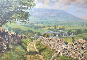 Large Keith MELLING (Born Colne, Lancashire 1946) oil on canvas "Extensive view of Pendle Hill in