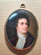 Fine quality, 19thC miniature oval oil on plaster portrait of a young gentleman in its associated