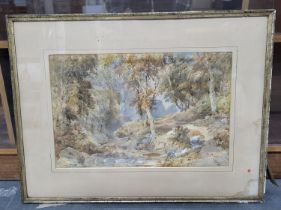 R Nottingham 1867 watercolour "Tree lined stream near Whitby", framed and glazed