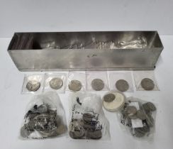 Large quantity of QEII Two shillings coins and Sixpences in a long metal tub (Qty), Most in VF or