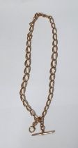 9ct rose gold albert chain with T-bar, 31.4 grams 40cm long