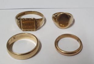 Four various gents 9ct yellow gold rings (4), 17.5 grams