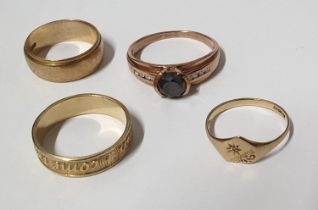 Three 9ct yellow gold rings together with a 9ct rose gold dress ring (4), 11.5 grams gross