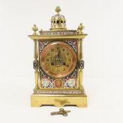 Antique Brass & Enamel Mantel Clock w/Key - works
