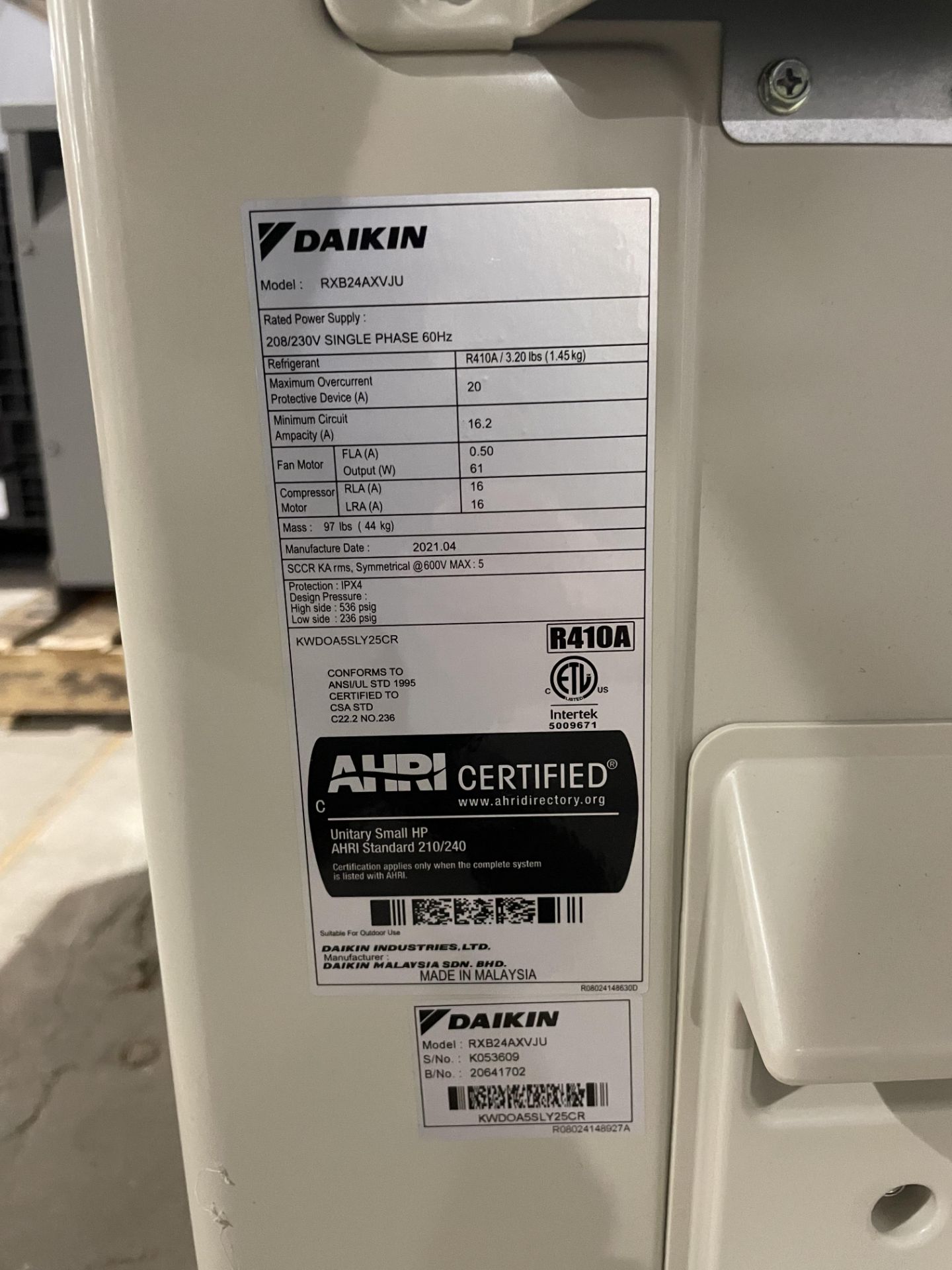 Used Daikin 2 Ton Single Zone Industrial Air Conditioner. Model RXB24AXJU - Image 3 of 3