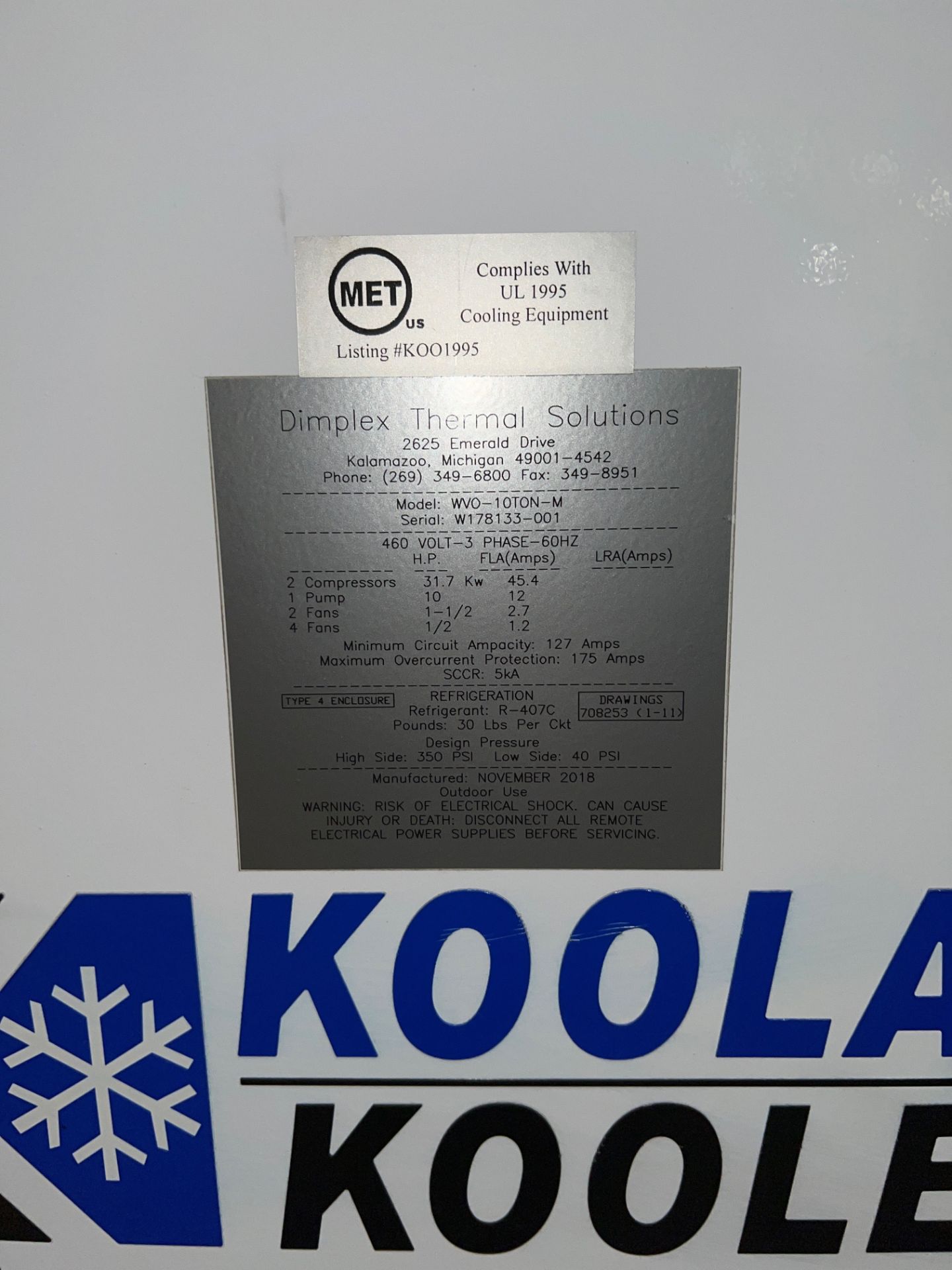 Used Dimplex Koolant Koolers Outdoor Air-Cooled Chiller. Model WVO-10TON-M - Image 2 of 7