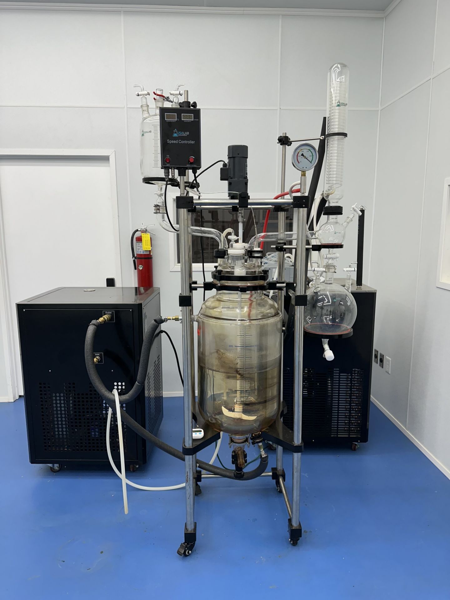 Used USA Lab 50 L Single Jacketed Glass Reactor w/ Vacuum Pump, (2) Total Circulator/ Chilling Units