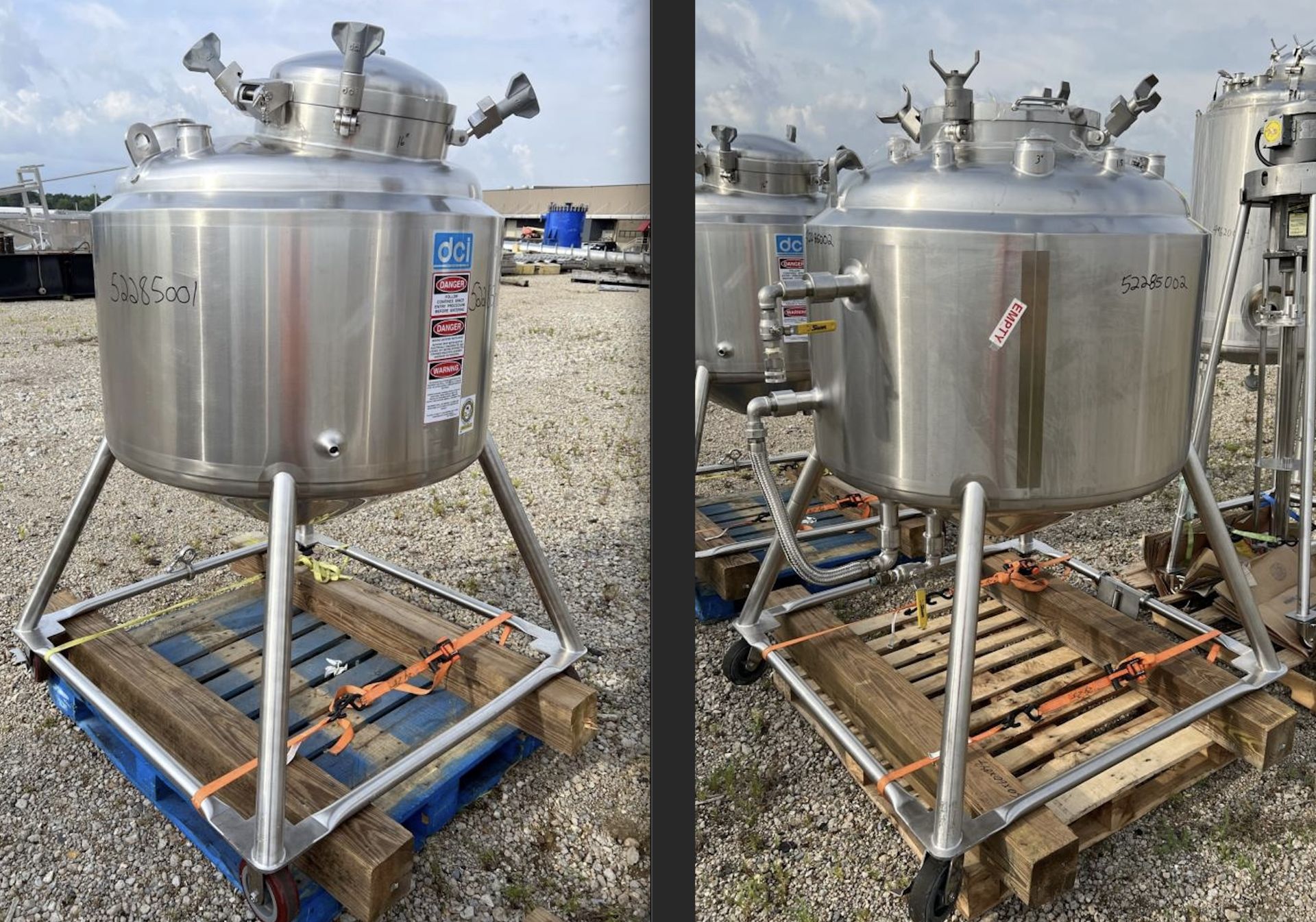 Lot of (2) Used- DCI Reactors, 120 Gallon / 454 Liter Capacity, 316L Stainless Steel, Vertical.