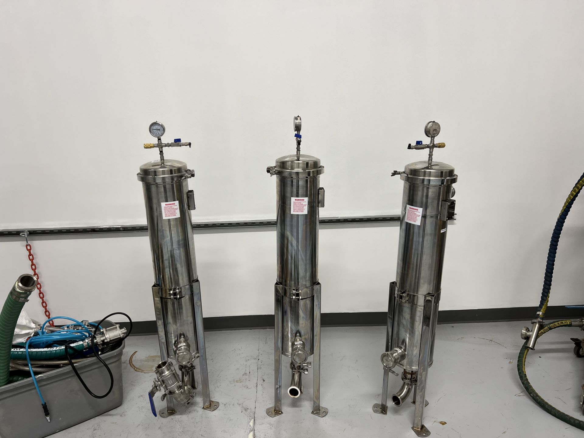 Lot of (2) Used Glacier Tanks 150 L Tanks w/ (30 SS Bag Filters & (2) Pig Steel Containment Pallets