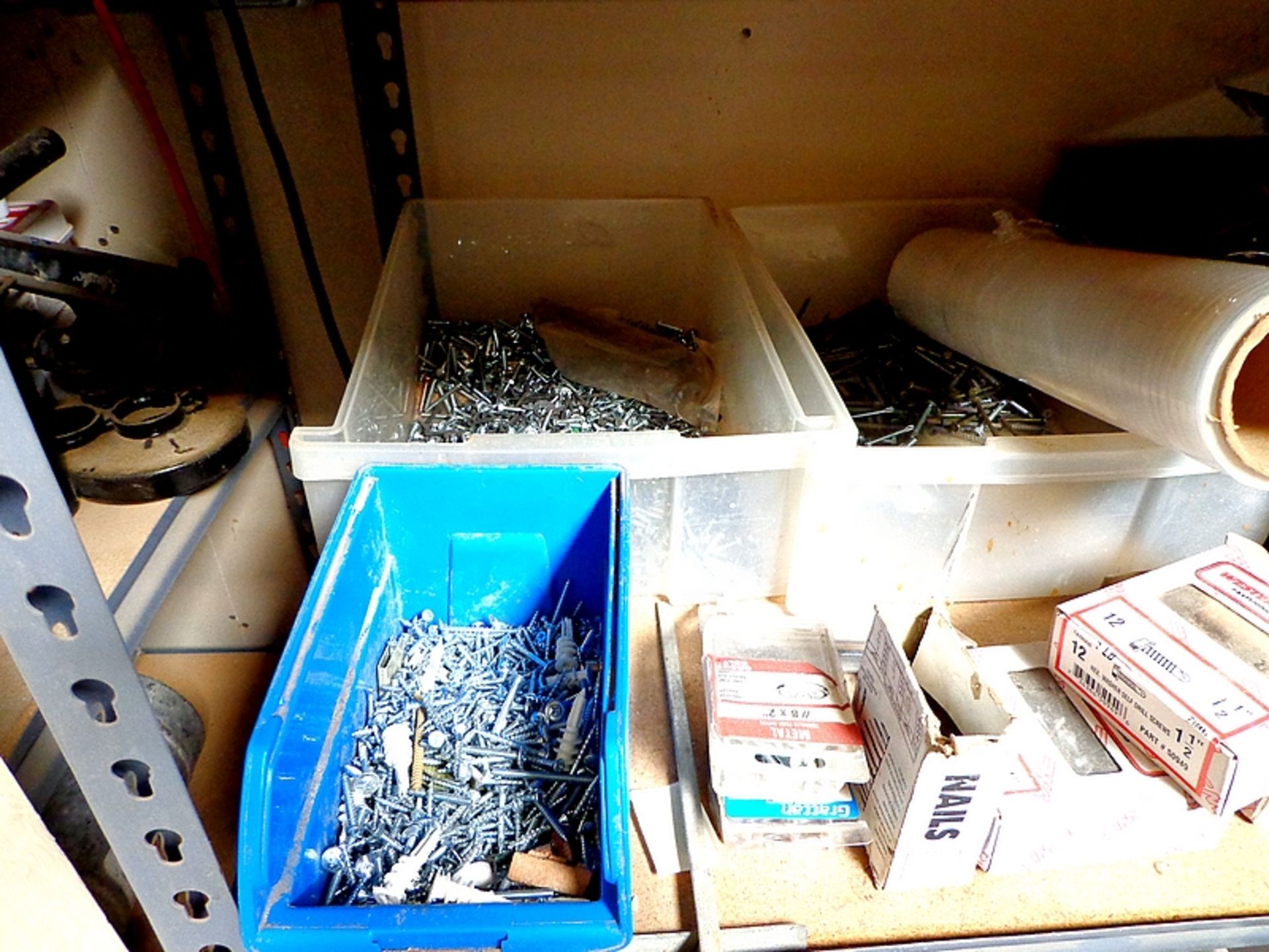 LOT - ASSORTED ITEMS- CONTENTS ONLY - RACKS NOT IN SALE; SAND PAPER, SCREWS, DUST PANS, CAUTION - Image 8 of 12