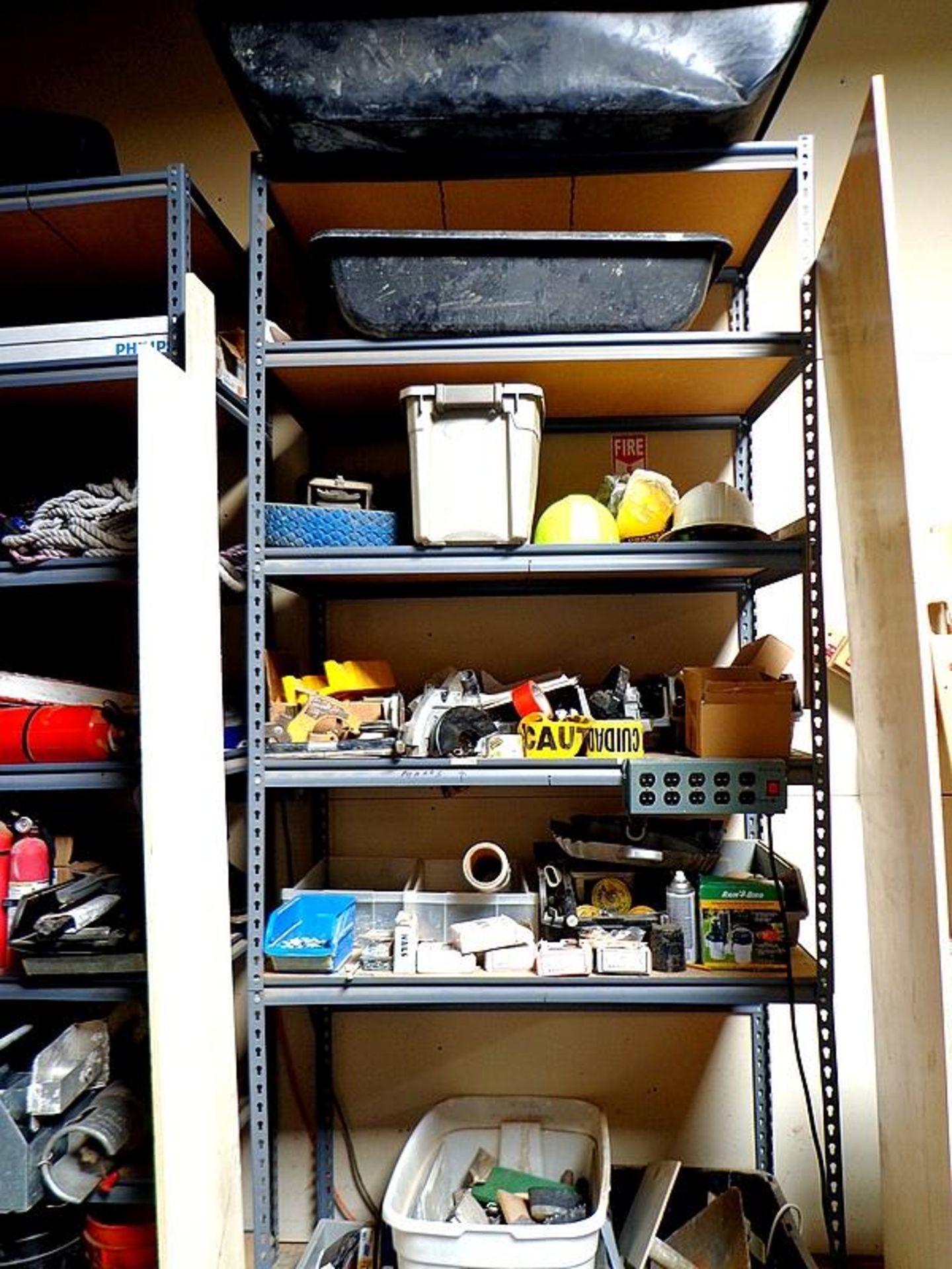 LOT - ASSORTED ITEMS- CONTENTS ONLY - RACKS NOT IN SALE; SAND PAPER, SCREWS, DUST PANS, CAUTION