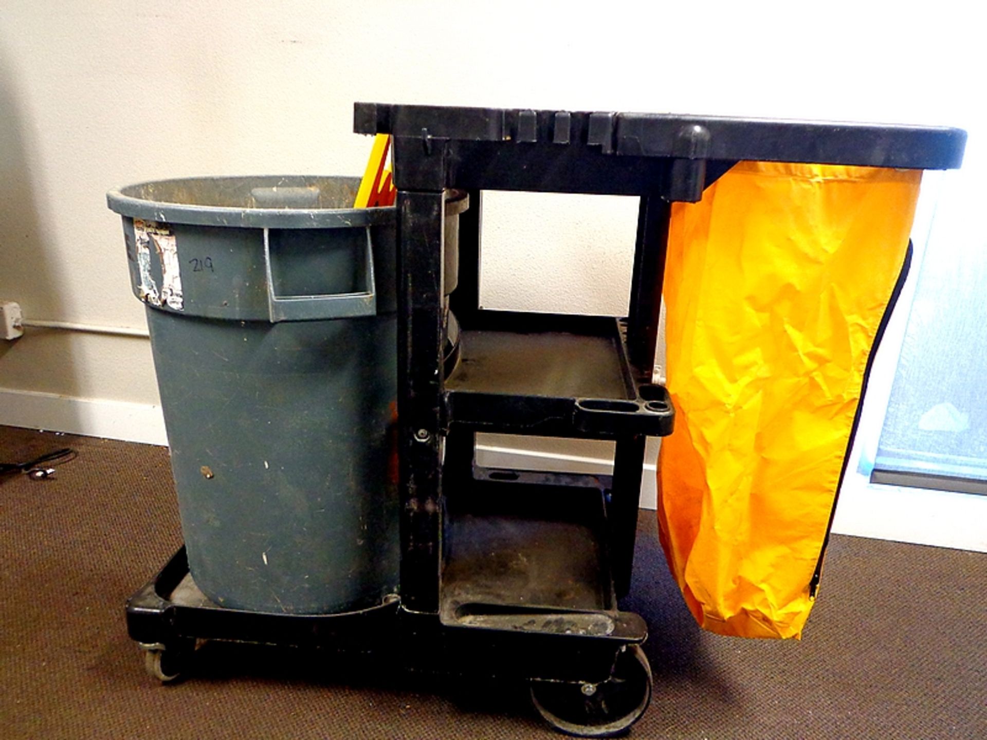 JANITORIAL CARTS - (W/BAG), GARBAGE CANS, 2 SIGNS