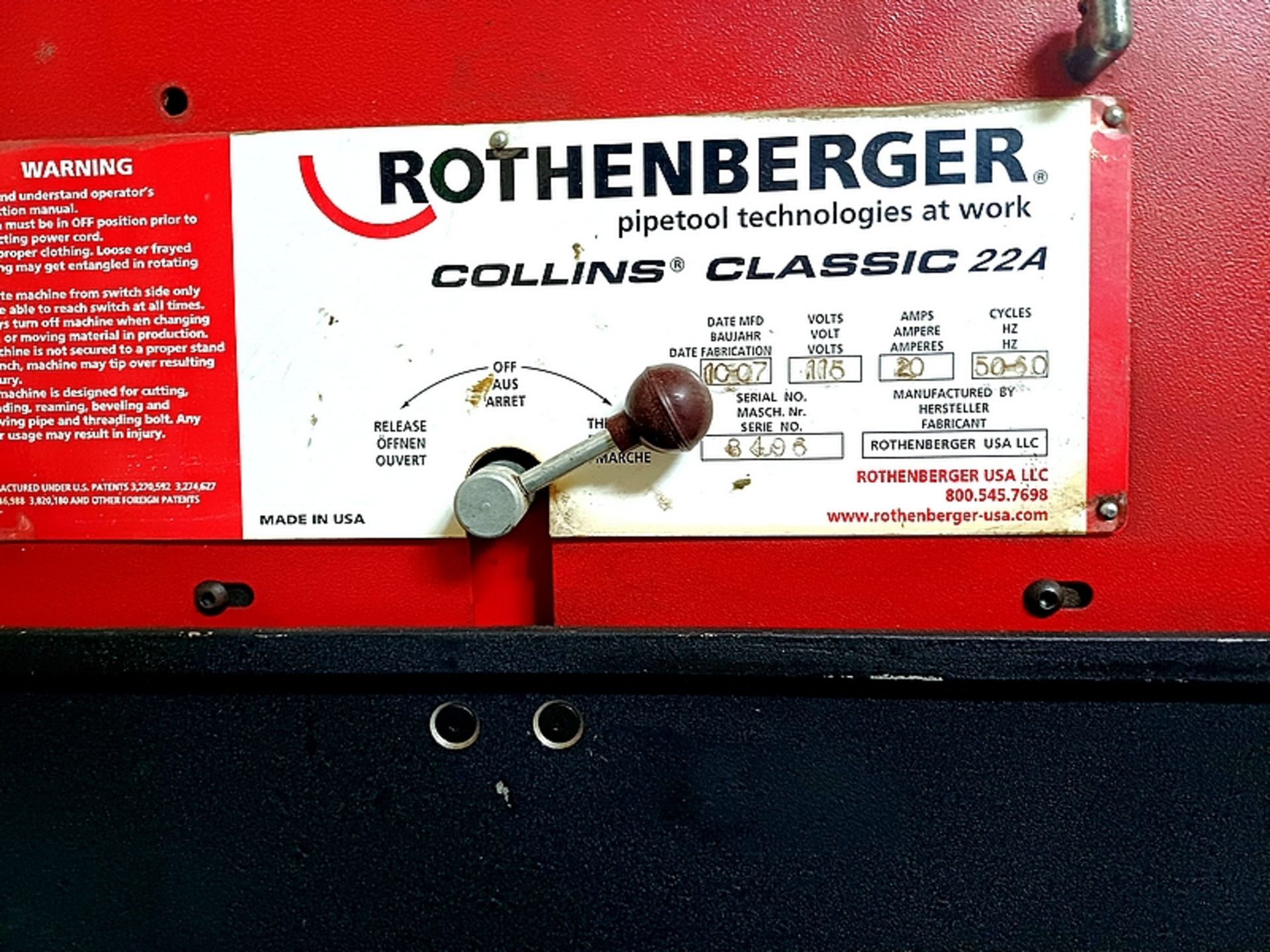 ROTHENBERGER COLLINS CLASSIC 22A PIPE THREADING MACHINE, S/N 8496 - Image 9 of 11