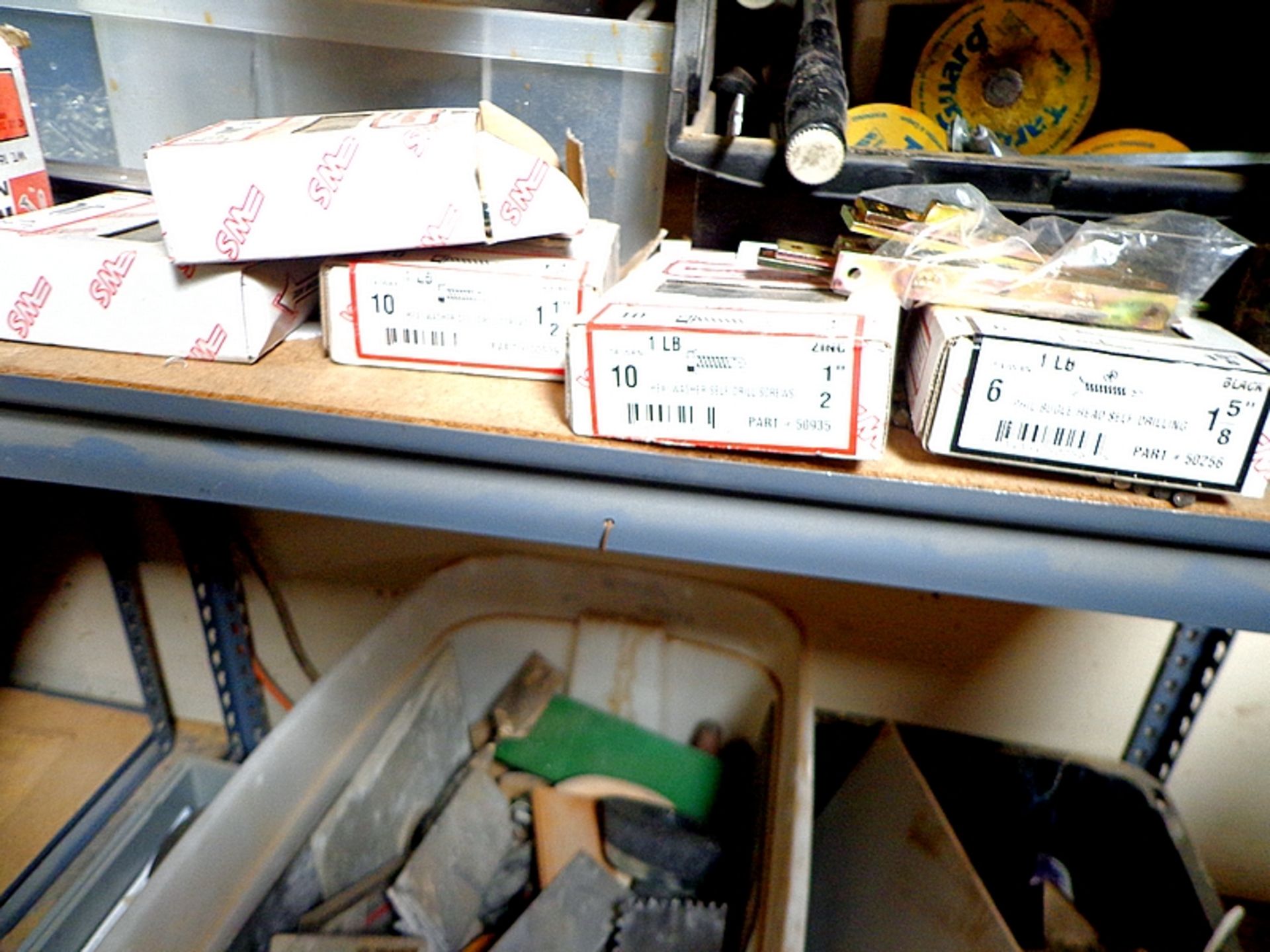 LOT - ASSORTED ITEMS- CONTENTS ONLY - RACKS NOT IN SALE; SAND PAPER, SCREWS, DUST PANS, CAUTION - Image 12 of 12