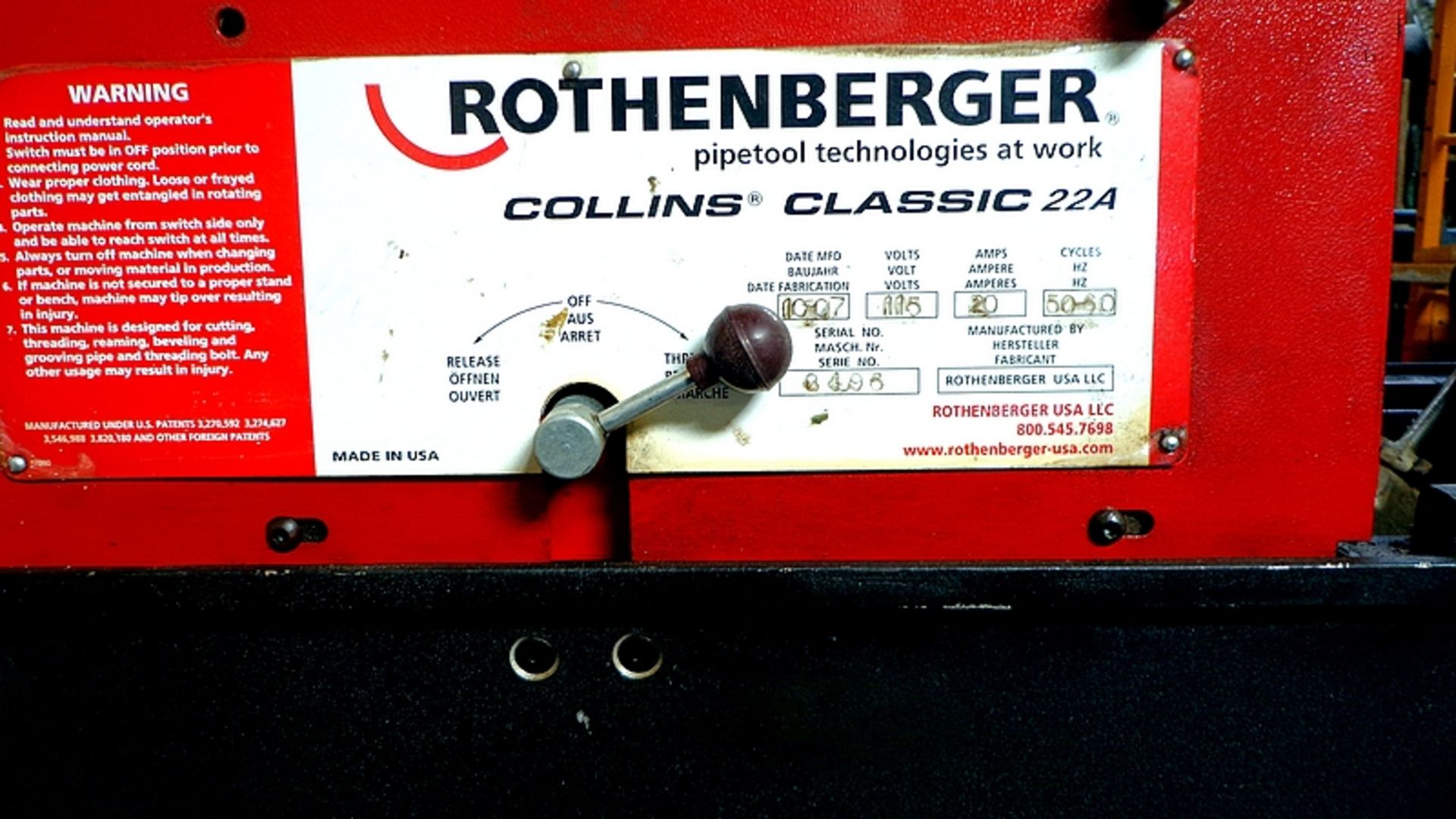 ROTHENBERGER COLLINS CLASSIC 22A PIPE THREADING MACHINE, S/N 8496 - Image 2 of 11