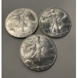 3 PCS 2002 SILVER EAGLES 1 OZ FINE SILVER COINS