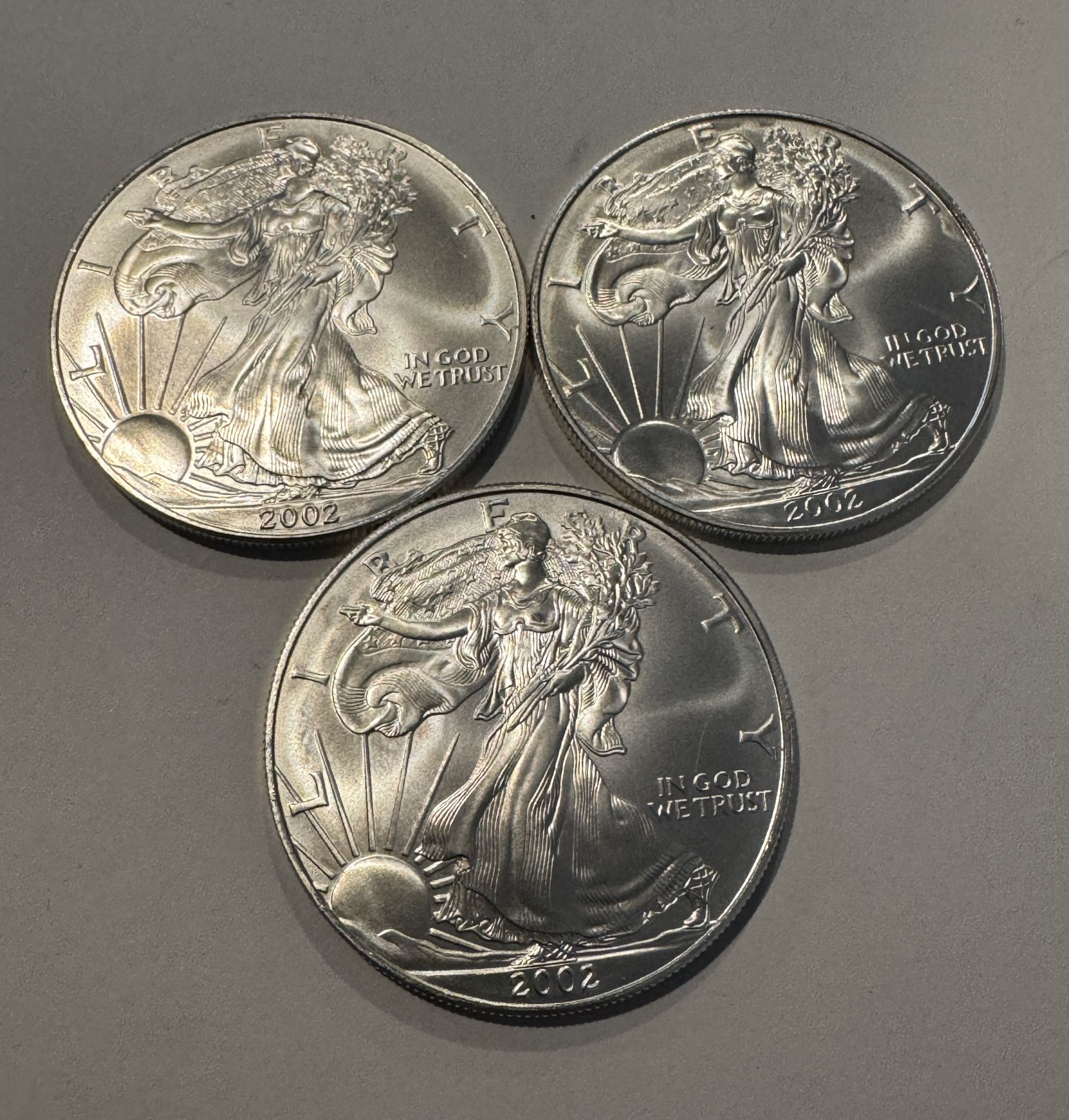 3 PCS 2002 SILVER EAGLES 1 OZ FINE SILVER COINS