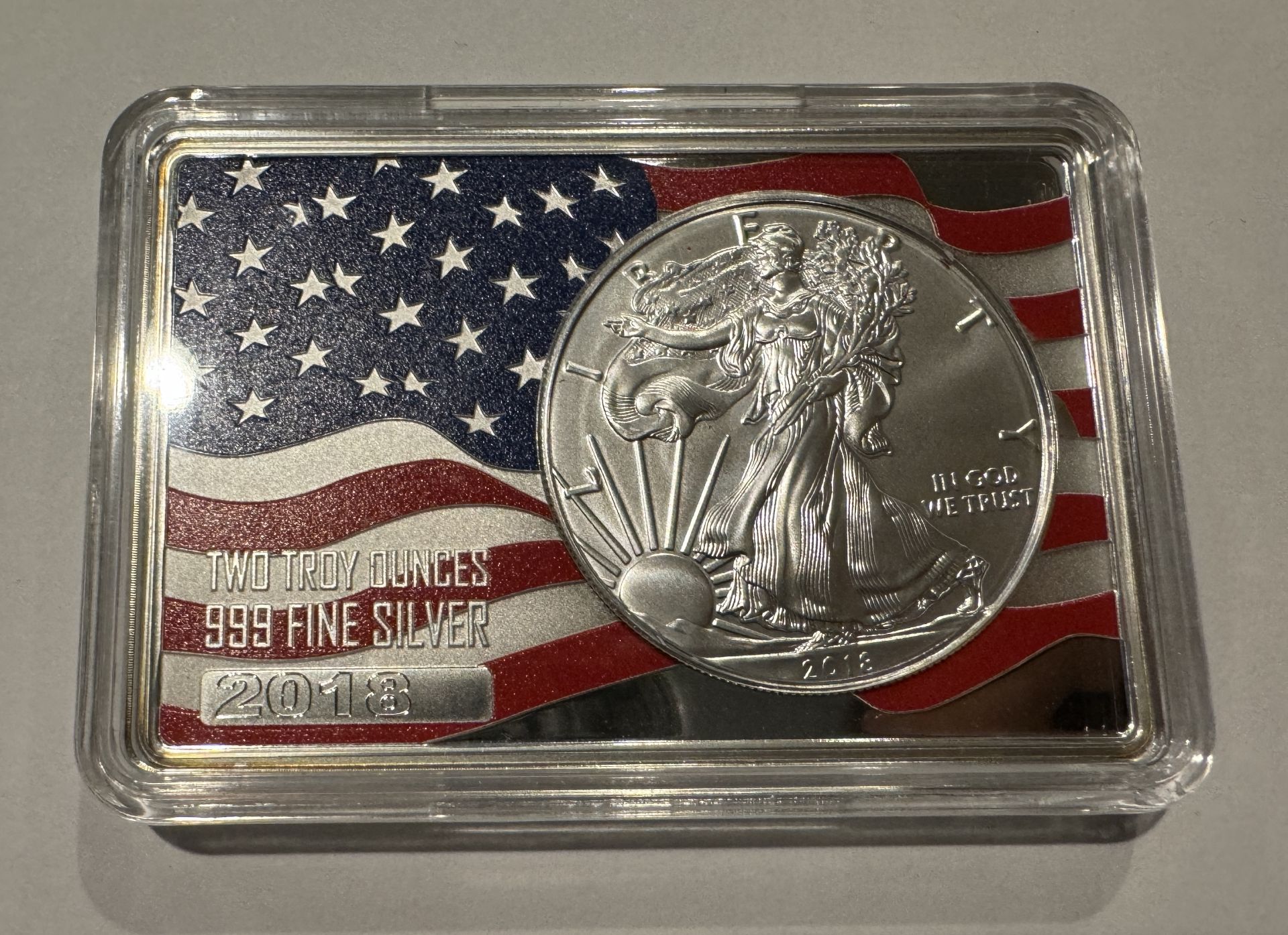 2018 SILVER LIBERTY IN A TWO TROY OUNCE BAR LARGE AMERICAN FLAG DESIGN