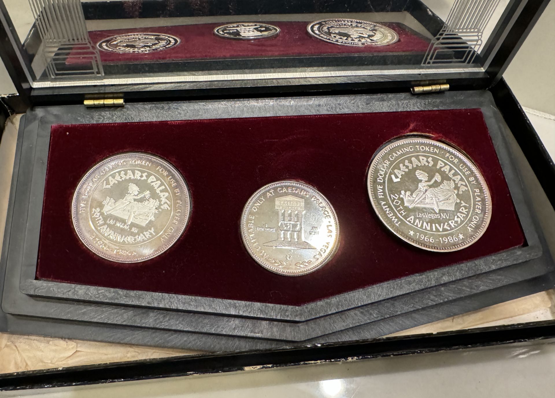 CAESARS PALACE .999 PURE SILVER 20TH ANNIVERSARY COINS $1-$5-$25 CASINO TOKENS - Image 3 of 3