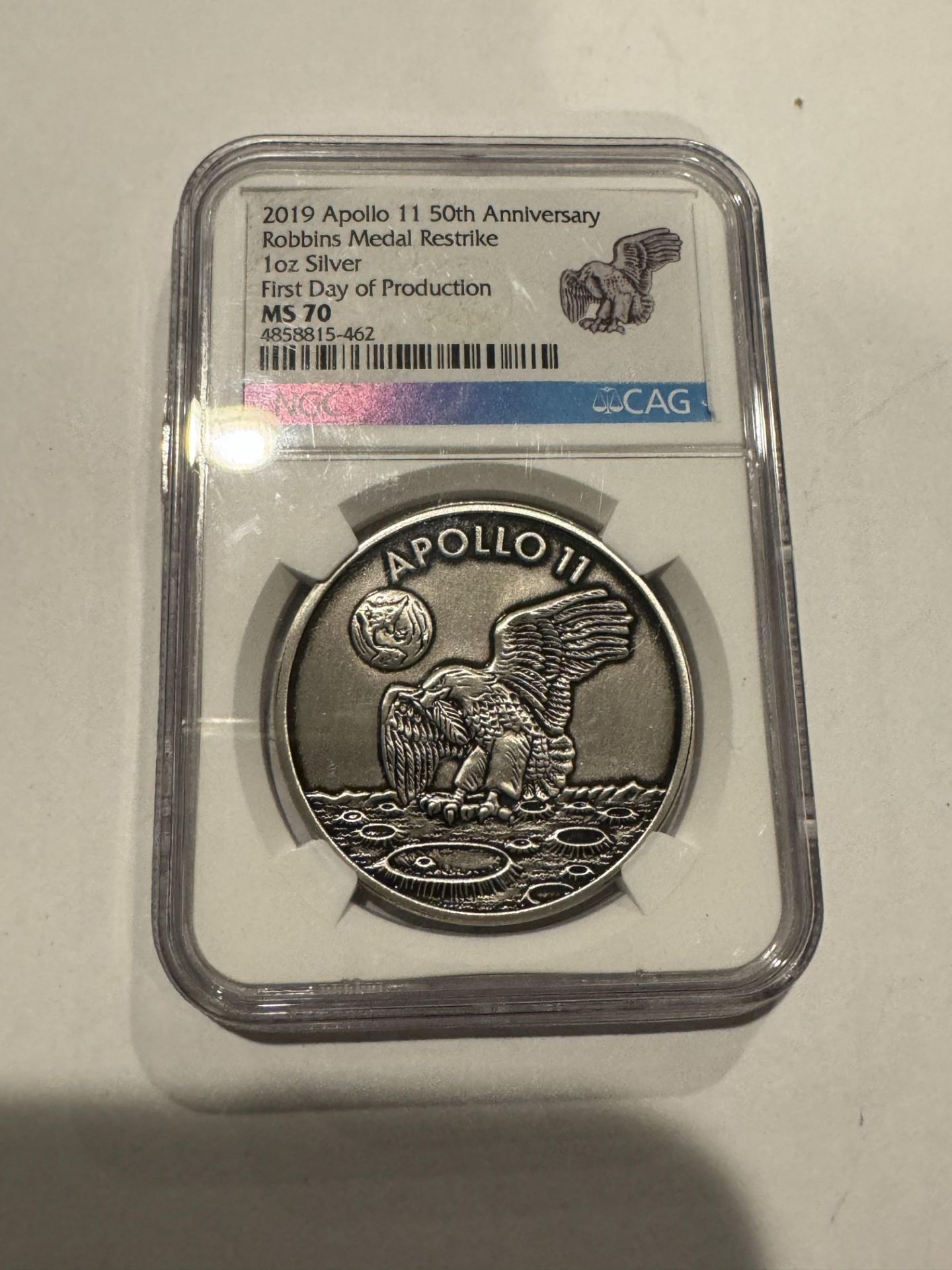 2019 Apollo 11 50th Anniversary Robbins Medal Restrike 1oz Silver First Day of Production MS 70