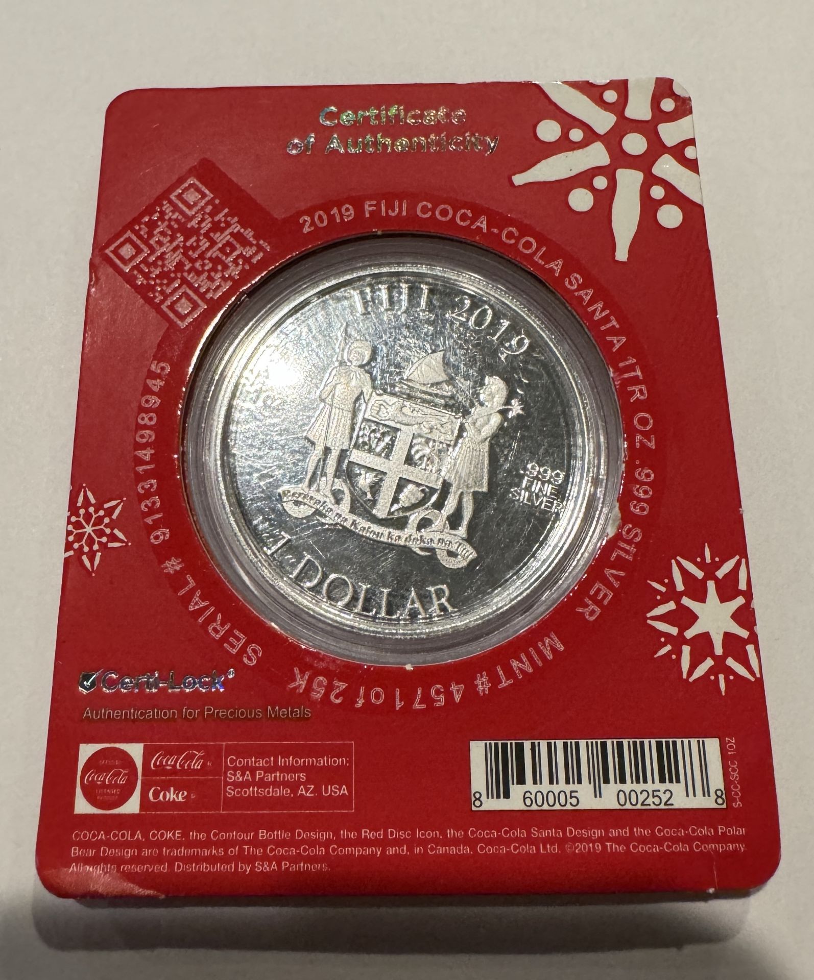 COCA-COLA 2019 RESERVE BANK OF FIJI HOLIDAY COIN 1OZ .999 SILVER - Image 2 of 2