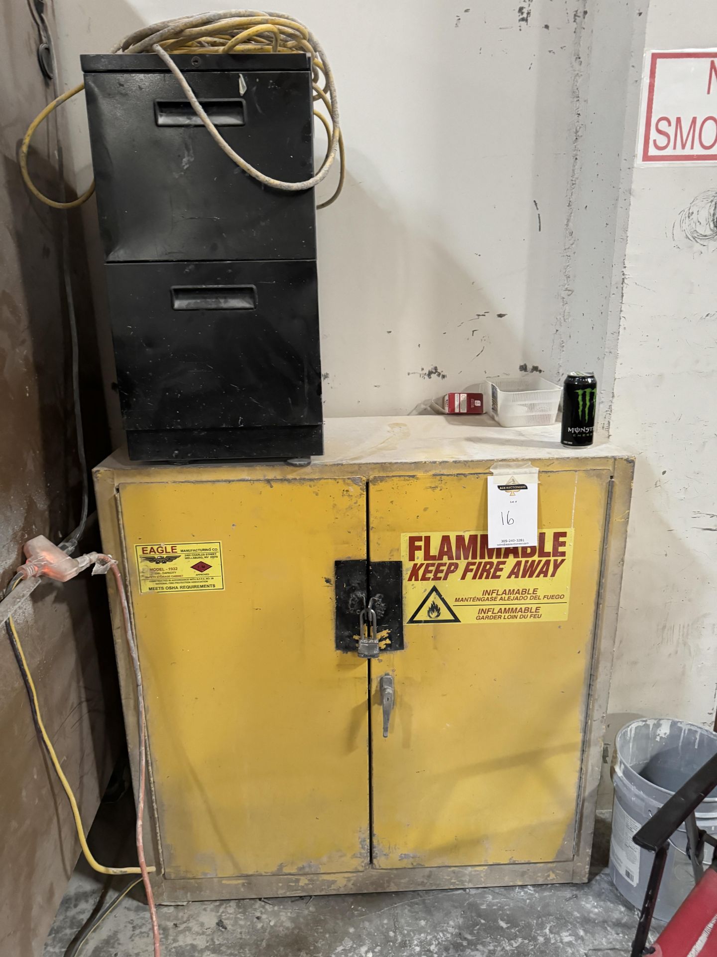 EAGLE FLAMMABLE CABINET LOCKED WITH CONTENTS UNKNOWN + FILE CABINET
