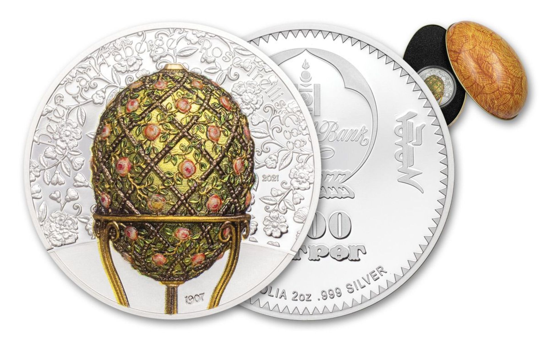 2021 Mongolia 2-oz Silver Faberge Rose Trellis Egg Colorized Ultra High Relief Gilt Proof - Image 2 of 4