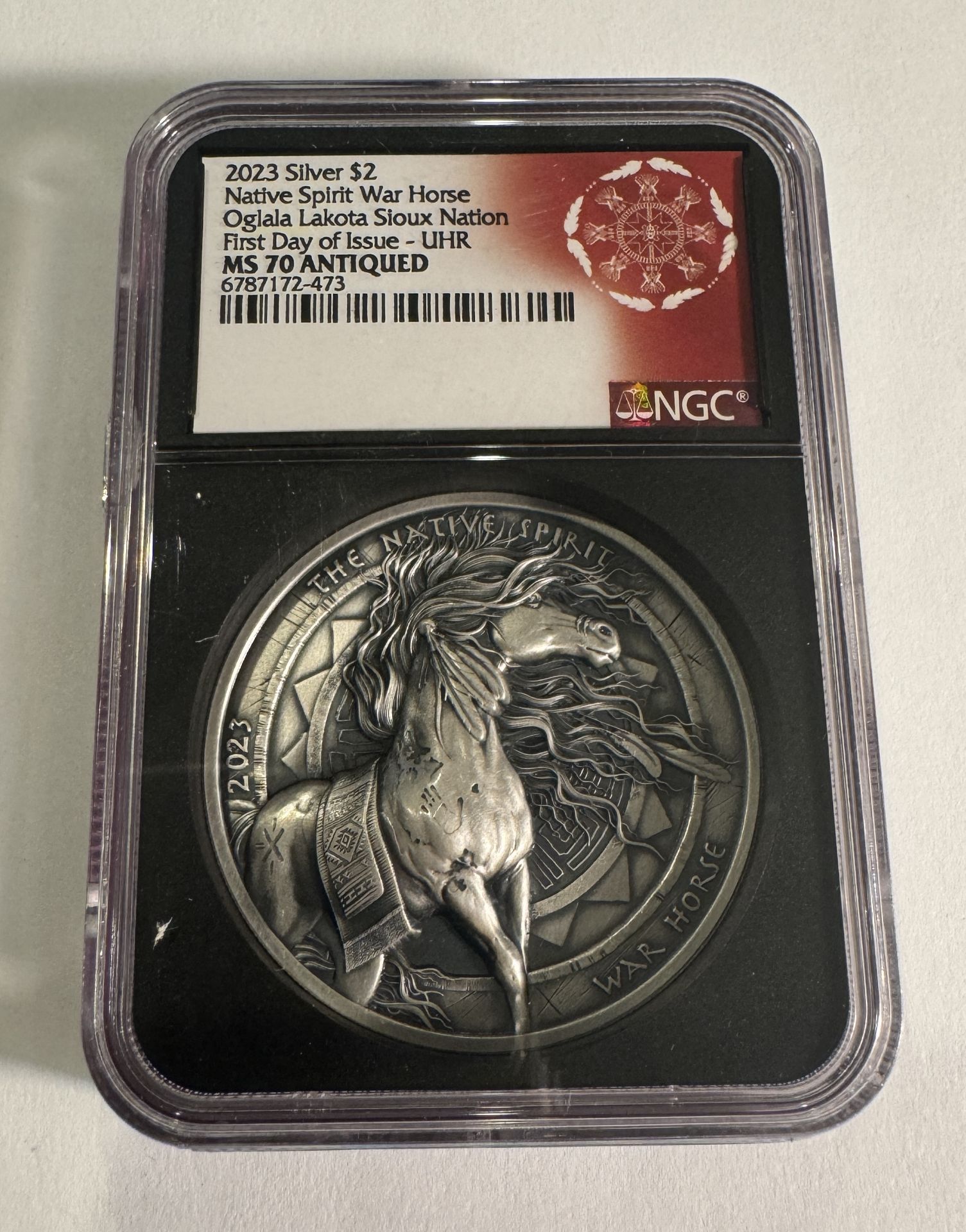 2023 Silver $2 Native Spirit War Horse MS70 ANTIQUED