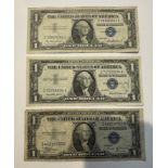 THREE $1 USA DOLLAR BILLS - BLUE SEAL SERIES 1957 - 1935B