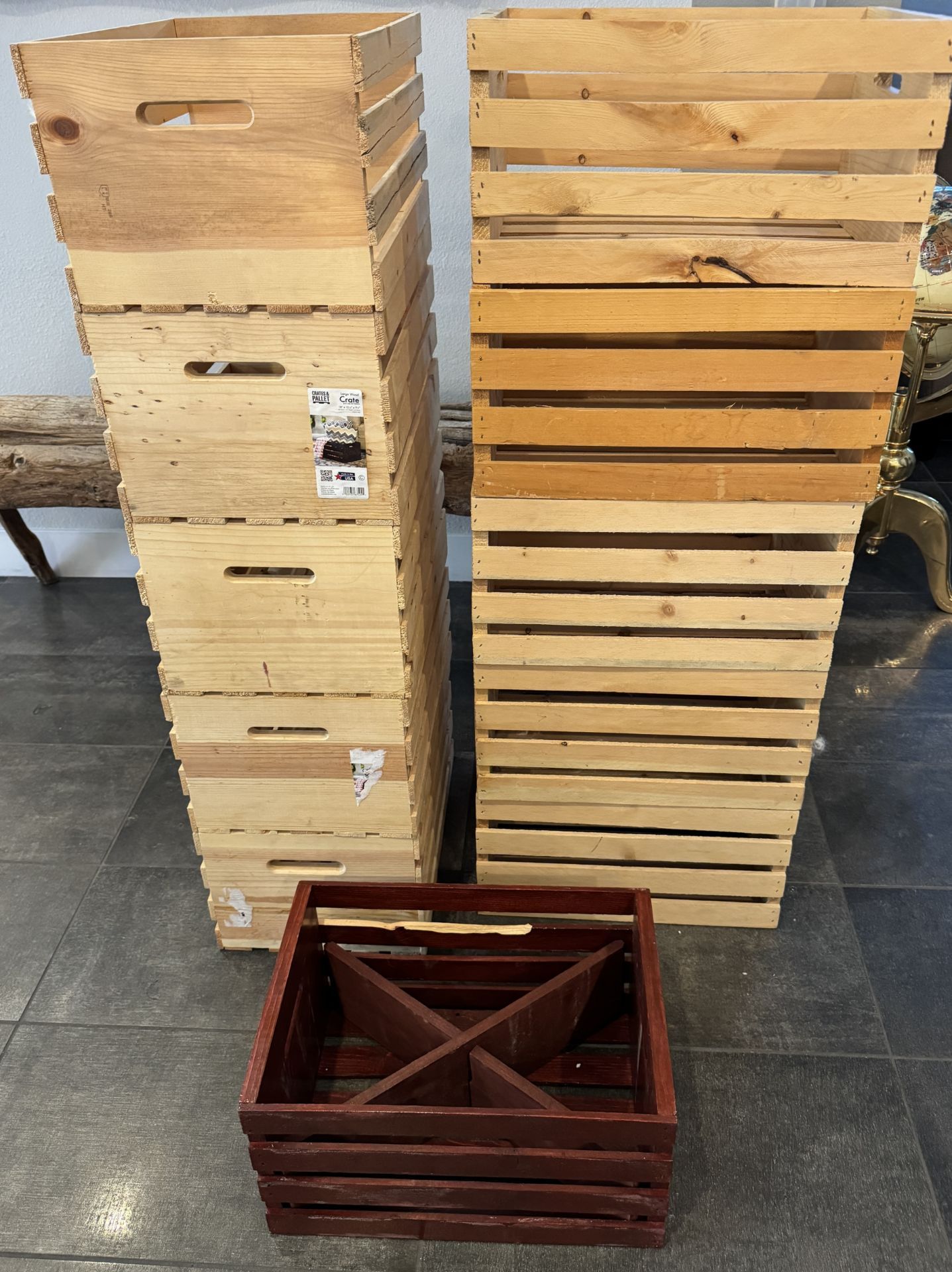 11 WOOD CRATES FOR WINE, STORAGE ETC