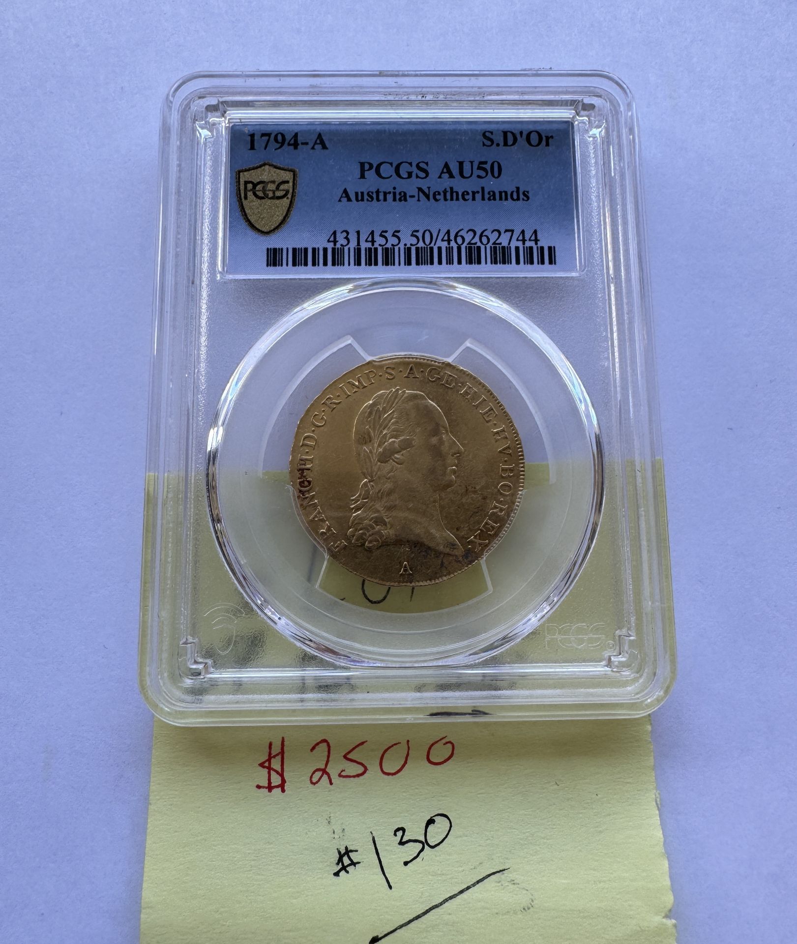 1794-A AUSTRIAN NETHERLANDS SOUVERAIN D'OR COIN PCGS AU50 - FRANZ II