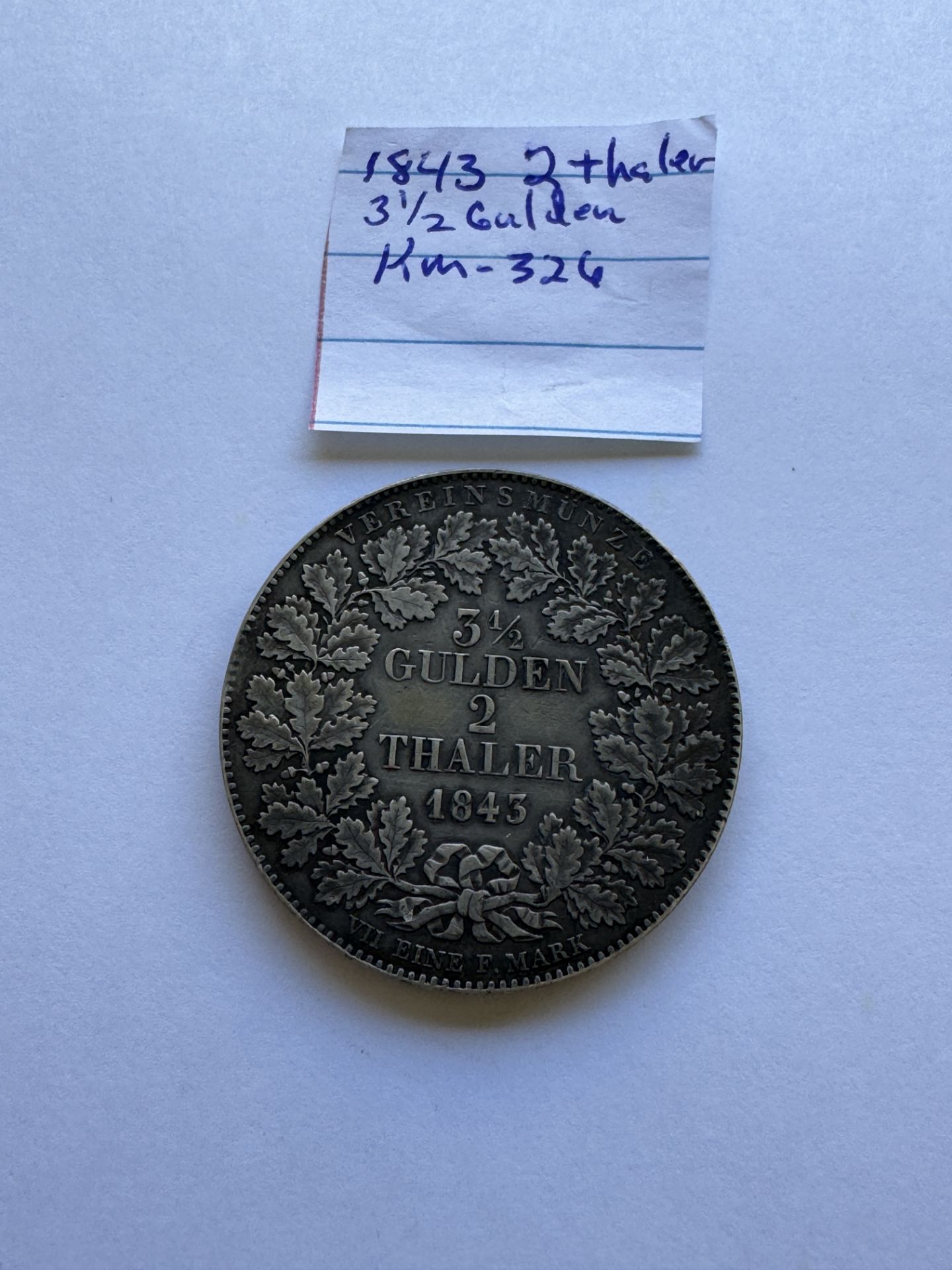 1843 3-1/2 GULDEN - 2 THALER FRANKFURT COIN - Image 2 of 2