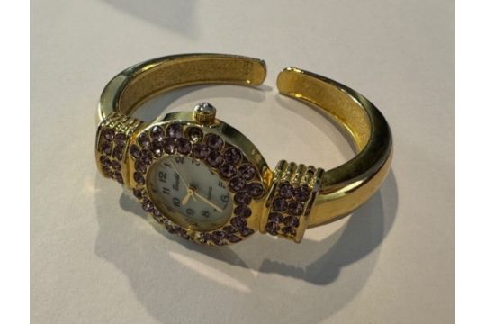 Boucher Purple Rhinestone Hinged Watch Bracelet Cuff New Battery - Image 2 of 4