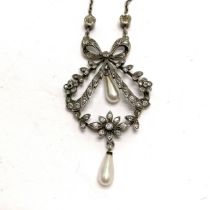 Antique sterling silver necklet set with paste / mock pearl drops - 44cm long & pendant drop 5.5cm &