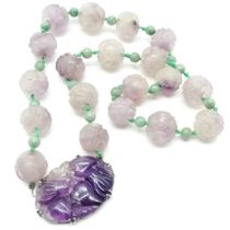 Chinese amethyst / hard stone bead necklace with silver mounted pendant clasp - 42cm long ~ panel