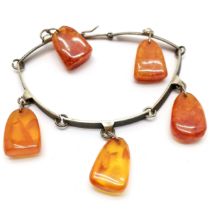 Russian 875 silver bracelet with amber bead drops - 18cm & 18g total weight