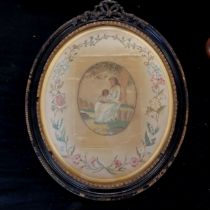 Antique oval framed needlework picture of mother and child with a border of flowers frame size