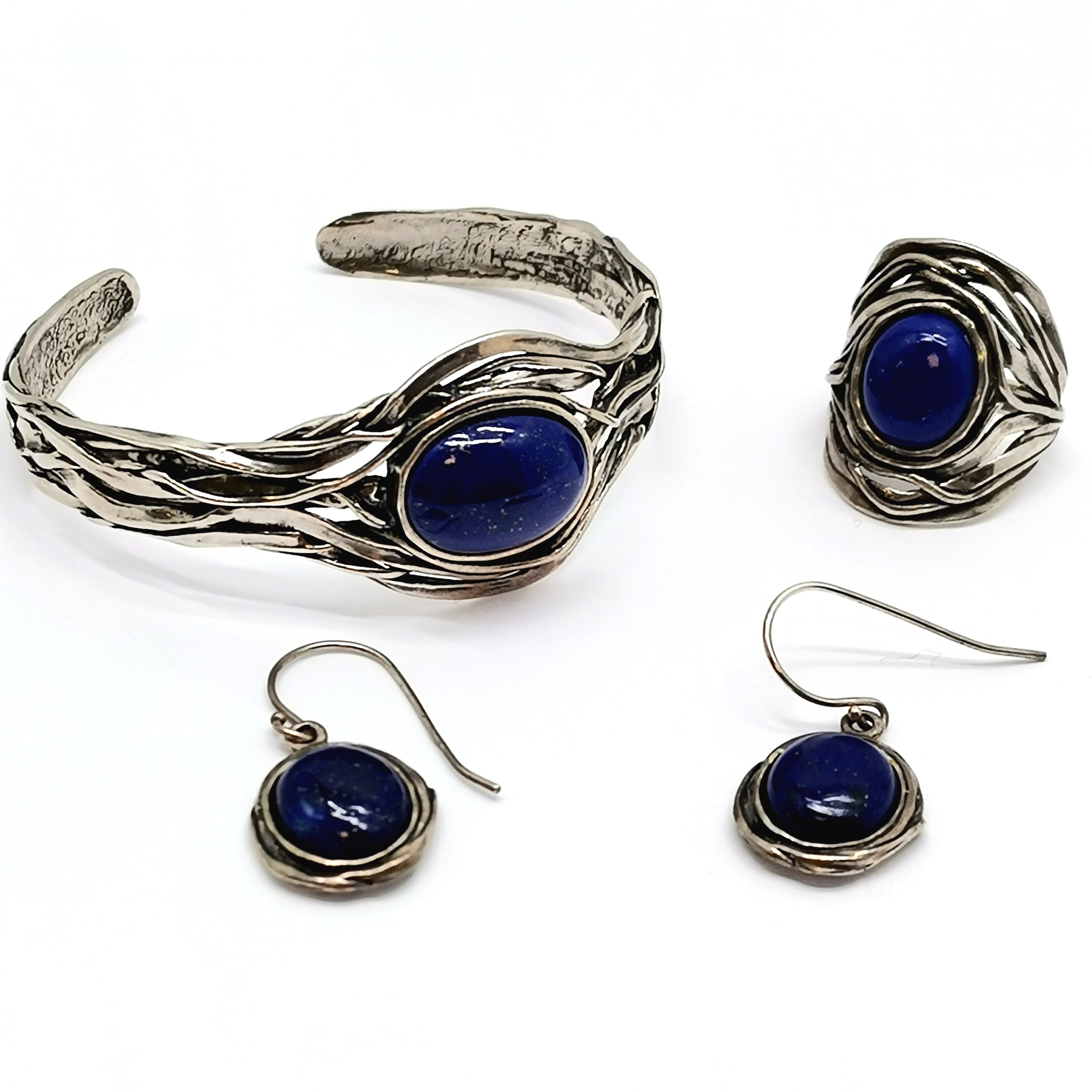 Israel silver lapis set ring (size O)/ earrings / cuff bangle by Paz - total weight 34g
